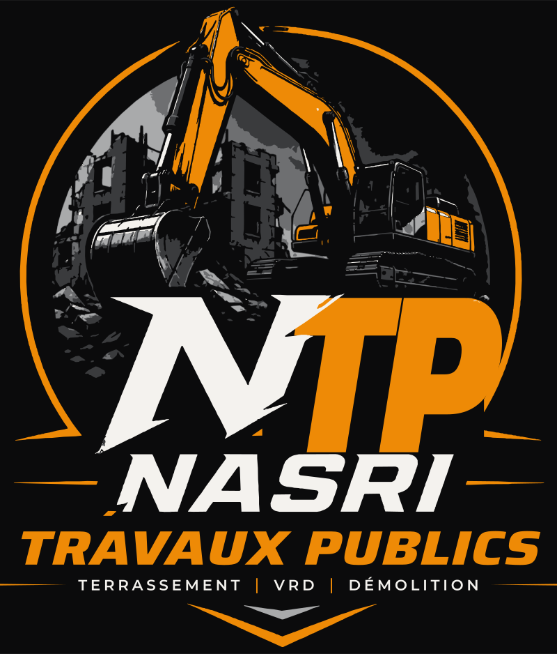 Logo NASRI Travaux publics : pelle dans un écusson circulaire orange, monogramme NTP, terrassement, VRD, démolition