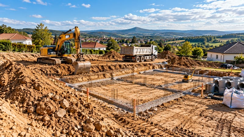 Vue d’ensemble d’un chantier de maison : fouilles de fondations, pelle et camion benne, collines au loin