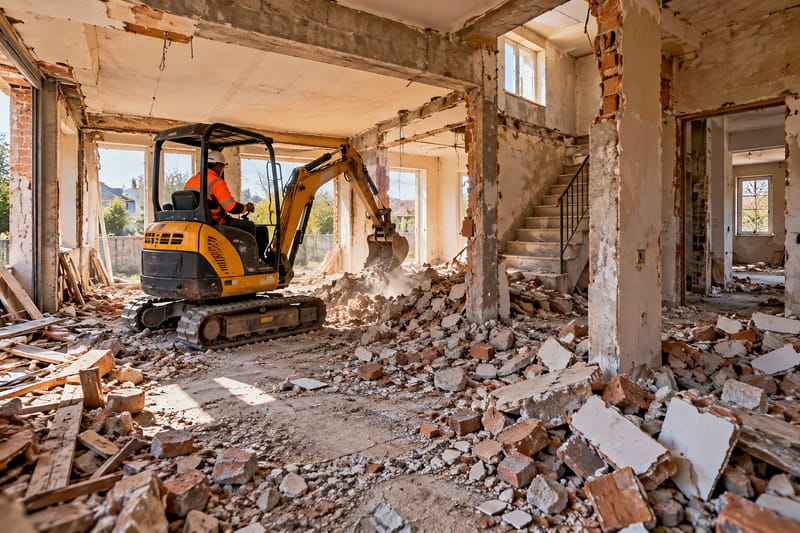 Mini-pelle déblayant les gravats à l’intérieur d’une maison en cours de curage