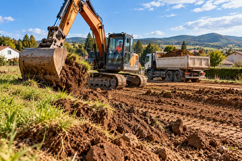 Pelle sur chenilles décapant la terre végétale d’un terrain en herbe, camion benne chargé en arrière-plan