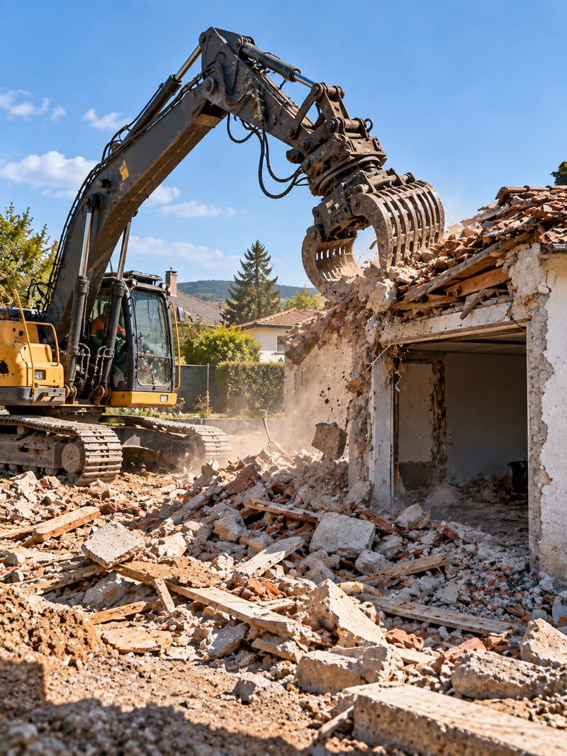 Pelle équipée d’une pince de démolition démolissant un ancien garage, gravats au premier plan