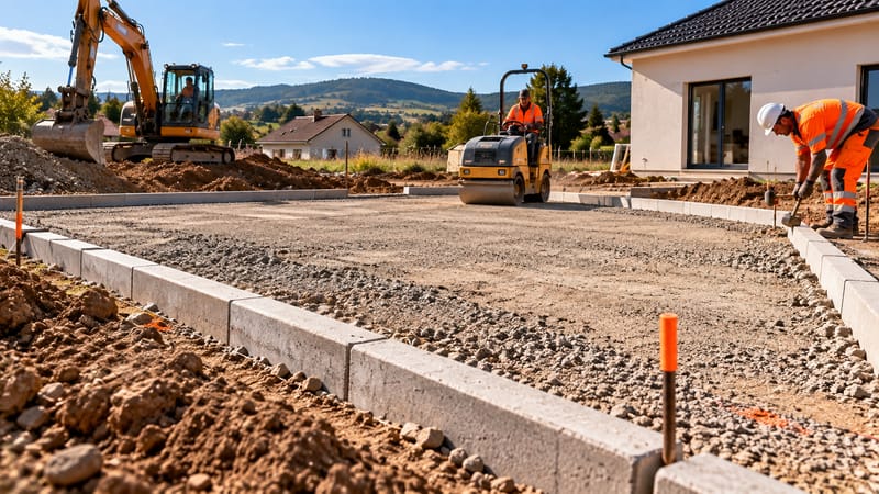 Accès en cours de création : bordures béton posées, fond de forme en grave, rouleau et pelle en arrière-plan