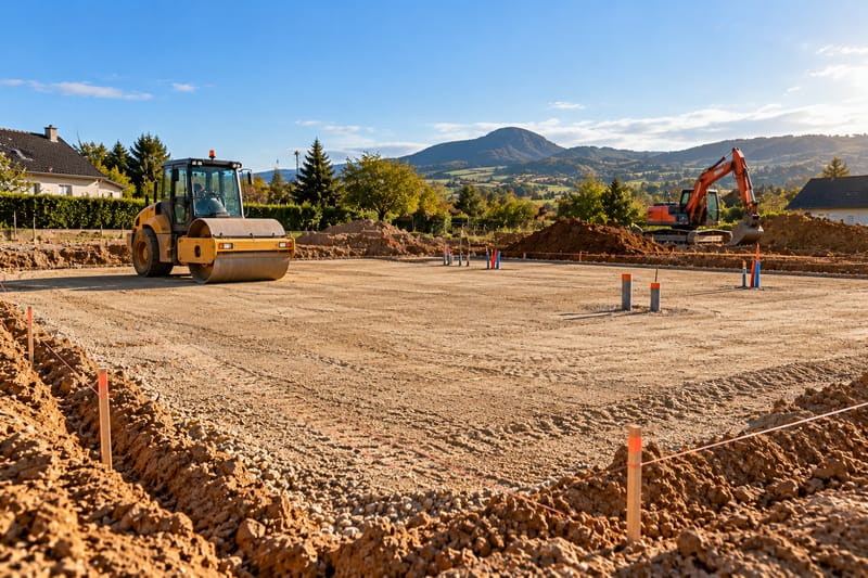Rouleau compacteur sur une plateforme en grave compactée, attentes de réseaux et piquets d’implantation