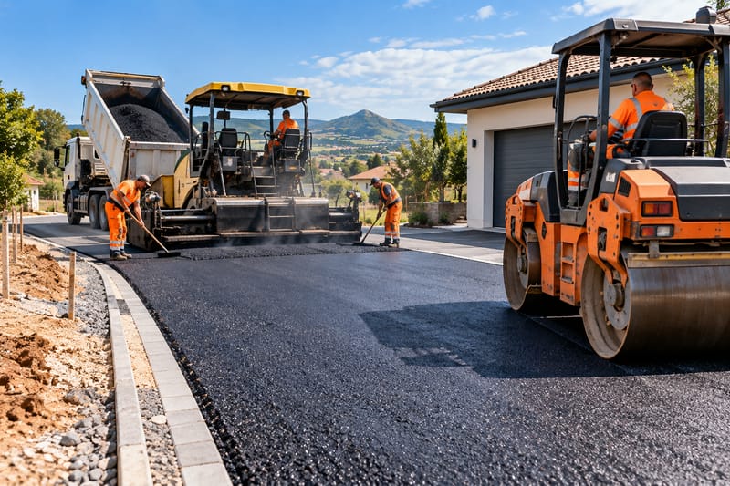 Équipe en tenue haute visibilité réglant l’enrobé à la sortie d’un finisseur, rouleau compacteur au premier plan