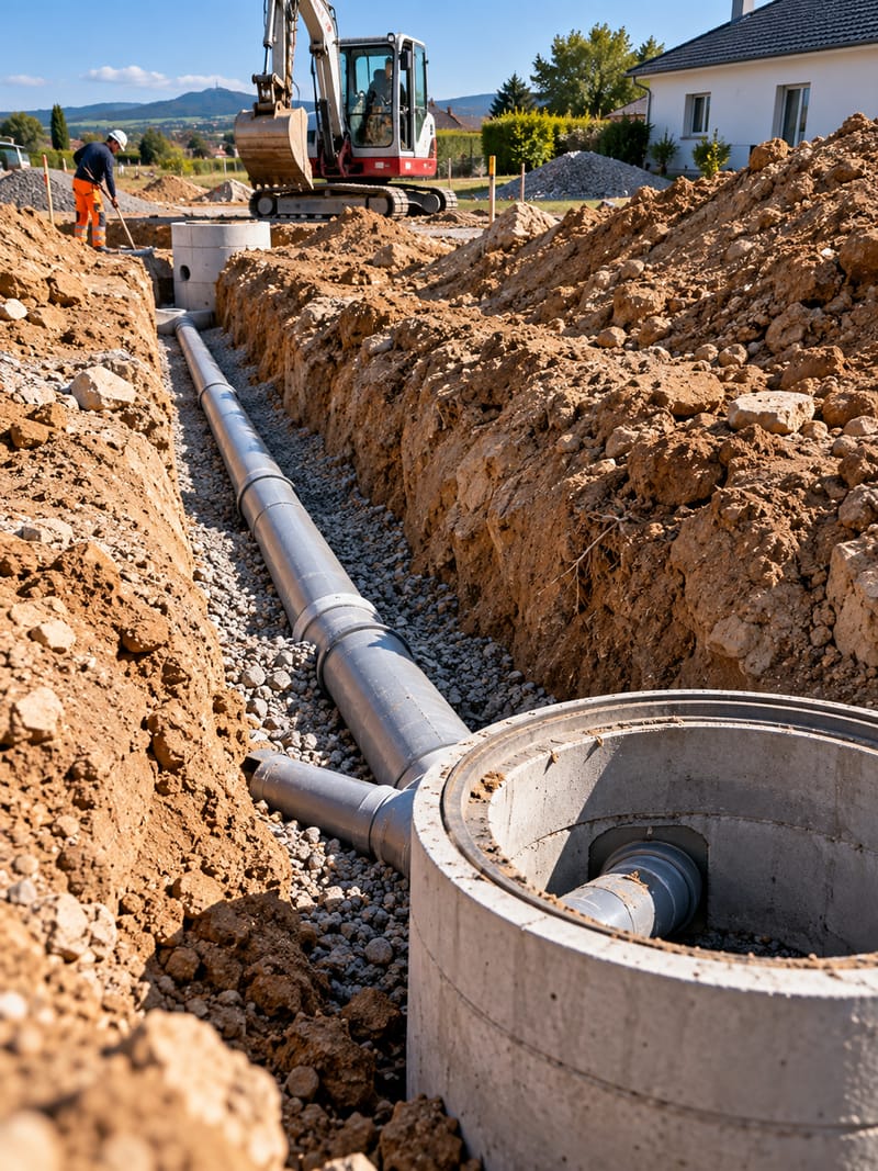 Canalisation PVC posée sur un lit de gravier dans une tranchée, jusqu’à un regard béton