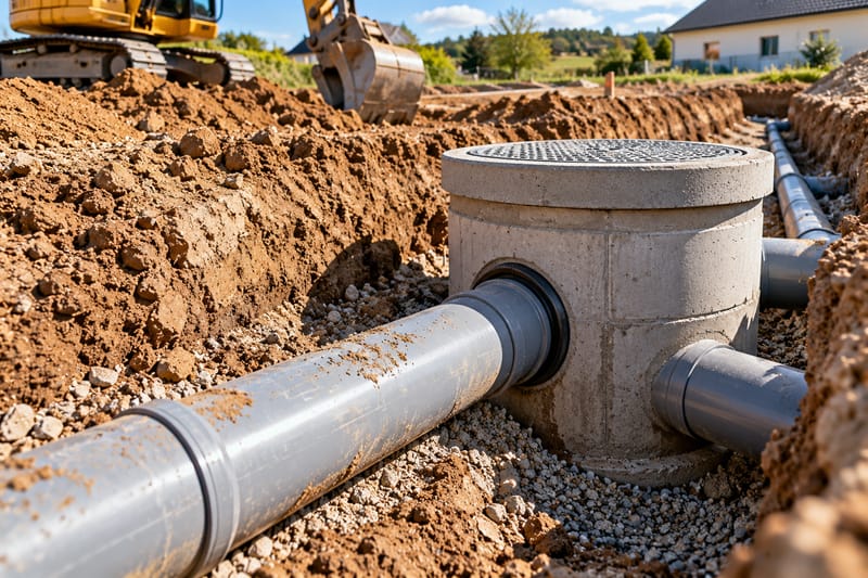 Canalisation PVC raccordée à un regard béton par un joint d’étanchéité, dans une tranchée