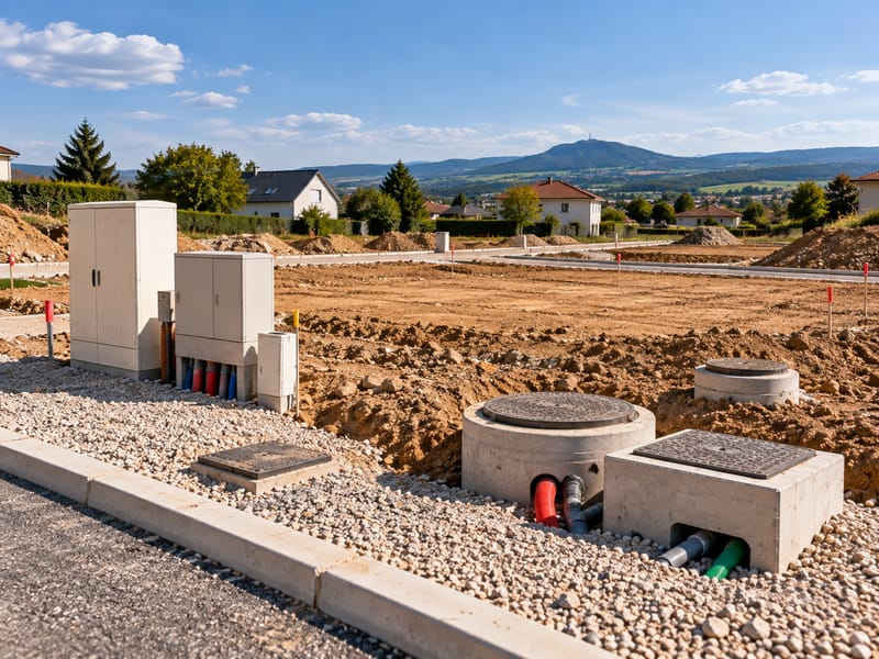 Terrain viabilisé en limite de parcelle : coffrets techniques, regards béton et attentes de gaines colorées