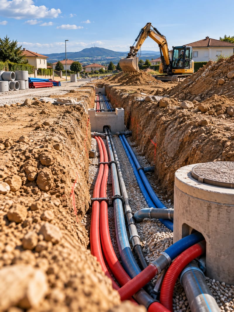 Tranchée de réseaux sur un terrain à bâtir : gaines électriques rouges, conduites d’eau bleues et regards béton